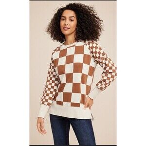 Maurices Willowsoft Checkered Crewneck Sweatshirt Tan Cream Brown Size Medium